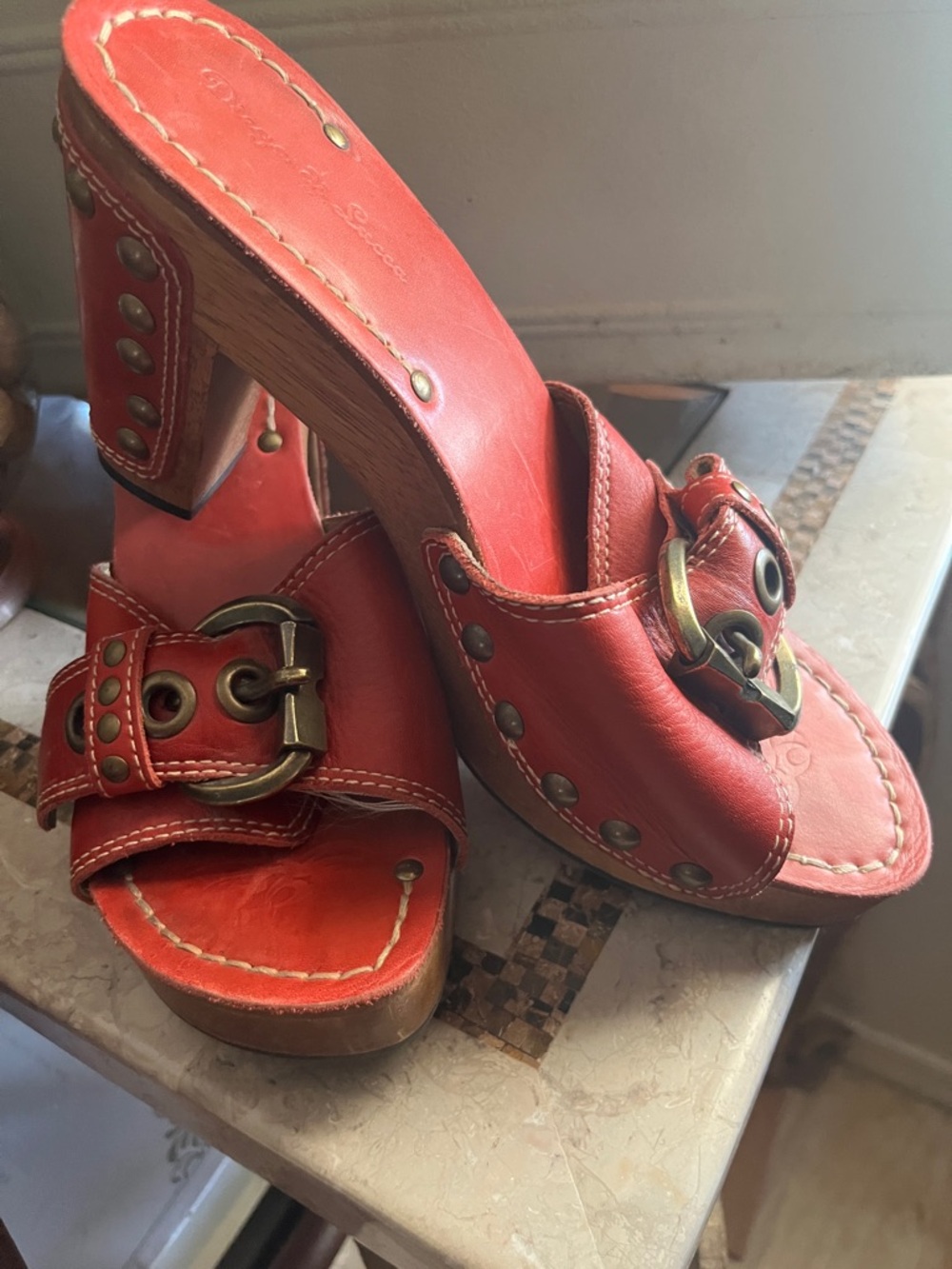 Diego di Lucca Red Leather and brass on wood base Studded Buckled rocker heels